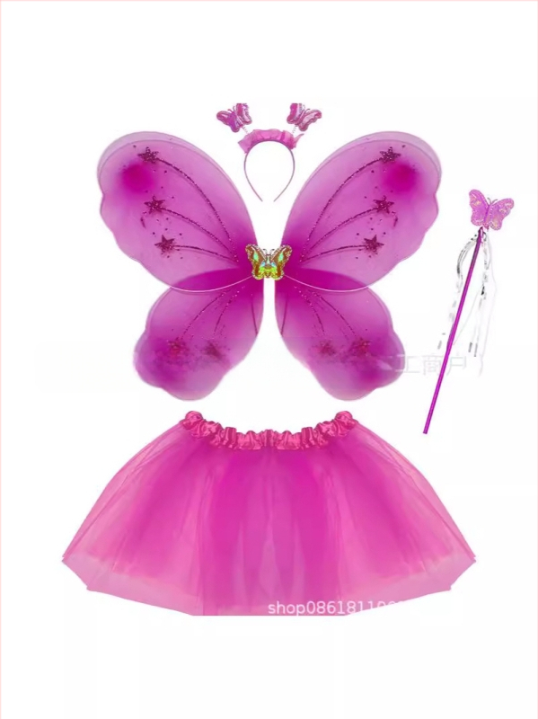 Детски сценичен танцов костюм: четири части с крила на пеперуда, аксесоар за глава и магическа пръчка; материя найлон; за деца 3–8 г.; подходящ за модерни и латин танци
