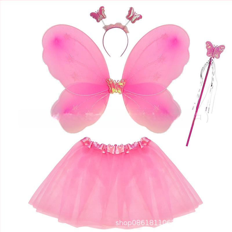 Детски сценичен танцов костюм: четири части с крила на пеперуда, аксесоар за глава и магическа пръчка; материя найлон; за деца 3–8 г.; подходящ за модерни и латин танци