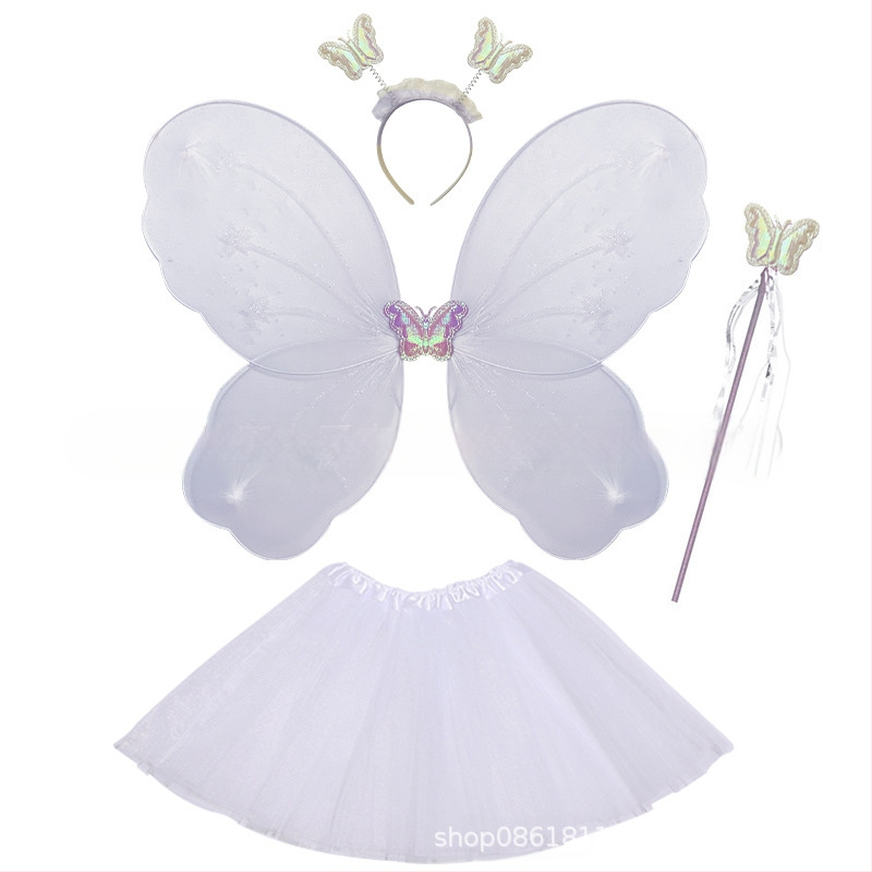 Детски сценичен танцов костюм: четири части с крила на пеперуда, аксесоар за глава и магическа пръчка; материя найлон; за деца 3–8 г.; подходящ за модерни и латин танци