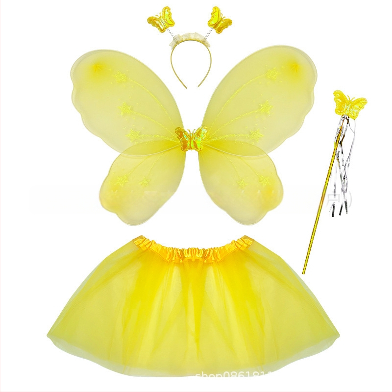 Детски сценичен танцов костюм: четири части с крила на пеперуда, аксесоар за глава и магическа пръчка; материя найлон; за деца 3–8 г.; подходящ за модерни и латин танци