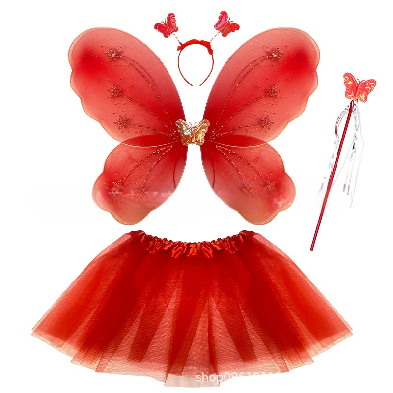 Детски сценичен танцов костюм: четири части с крила на пеперуда, аксесоар за глава и магическа пръчка; материя найлон; за деца 3–8 г.; подходящ за модерни и латин танци