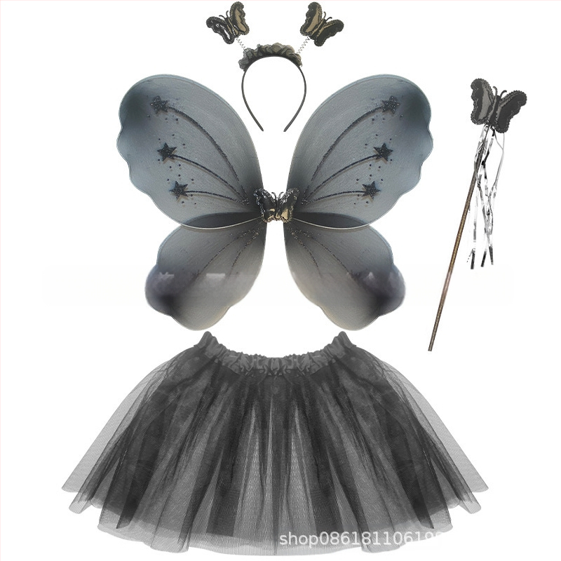 Детски сценичен танцов костюм: четири части с крила на пеперуда, аксесоар за глава и магическа пръчка; материя найлон; за деца 3–8 г.; подходящ за модерни и латин танци