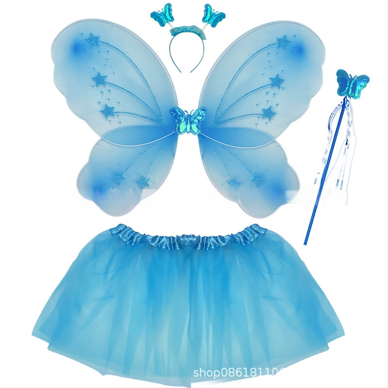 Детски сценичен танцов костюм: четири части с крила на пеперуда, аксесоар за глава и магическа пръчка; материя найлон; за деца 3–8 г.; подходящ за модерни и латин танци