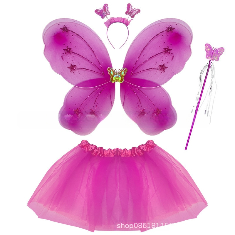 Детски сценичен танцов костюм: четири части с крила на пеперуда, аксесоар за глава и магическа пръчка; материя найлон; за деца 3–8 г.; подходящ за модерни и латин танци