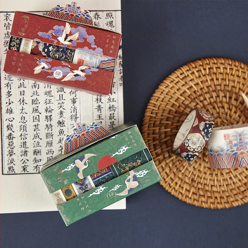 Kinų stiliaus washi lipdukų rinkinys mažoje dovanų dėžutėje, Rytų rūmų serija, spalvingi raštai, Uždraustojo miesto lobiai, folijos lipdukai