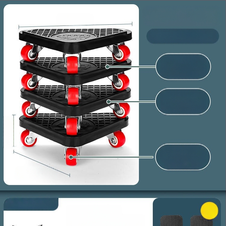 Költöztető eszköz háztartási gépek és bútorok számára — szénacél; egyszerű és modern design; alkalmas mosógépek, hűtőszekrények, kávéasztalok és ágyak mozgatására; ideális konyha, hálószoba és nappali használatra.
