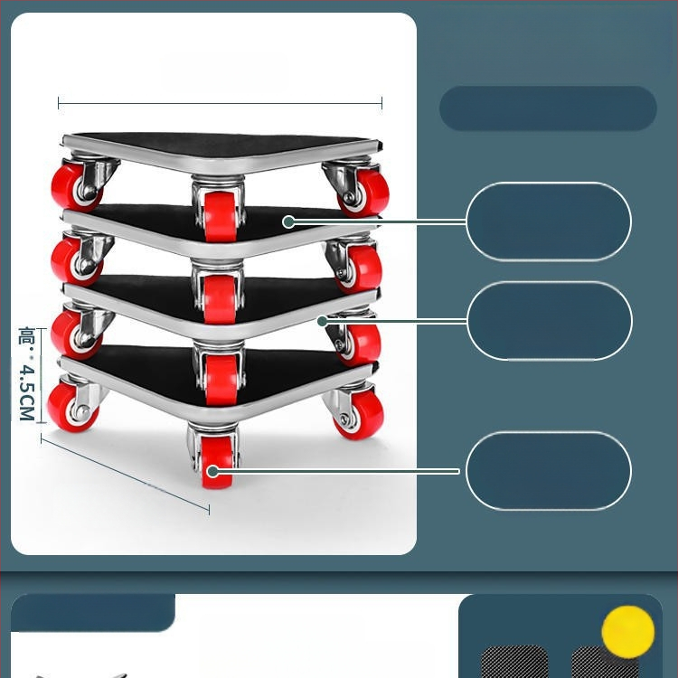 Költöztető eszköz háztartási gépek és bútorok számára — szénacél; egyszerű és modern design; alkalmas mosógépek, hűtőszekrények, kávéasztalok és ágyak mozgatására; ideális konyha, hálószoba és nappali használatra.