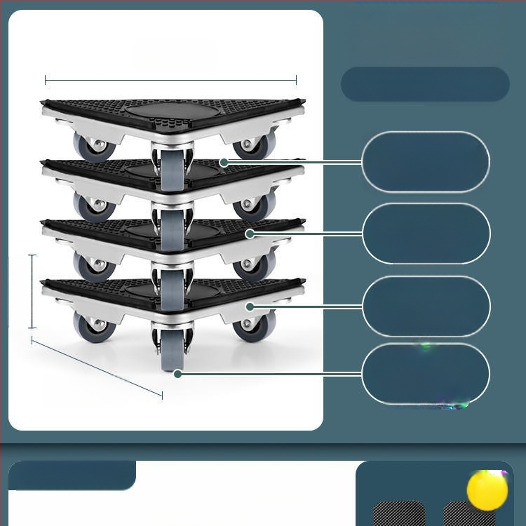 Költöztető eszköz háztartási gépek és bútorok számára — szénacél; egyszerű és modern design; alkalmas mosógépek, hűtőszekrények, kávéasztalok és ágyak mozgatására; ideális konyha, hálószoba és nappali használatra.