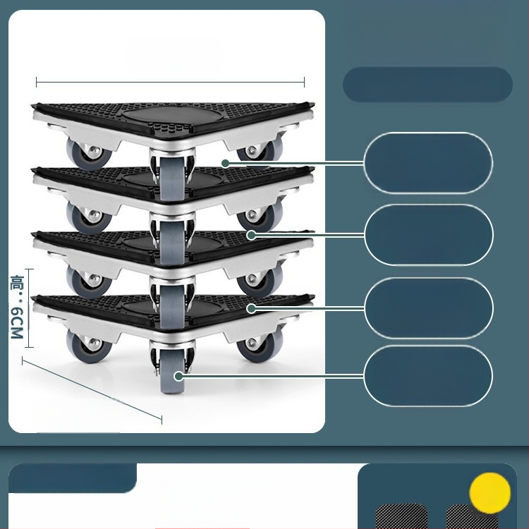 Költöztető eszköz háztartási gépek és bútorok számára — szénacél; egyszerű és modern design; alkalmas mosógépek, hűtőszekrények, kávéasztalok és ágyak mozgatására; ideális konyha, hálószoba és nappali használatra.