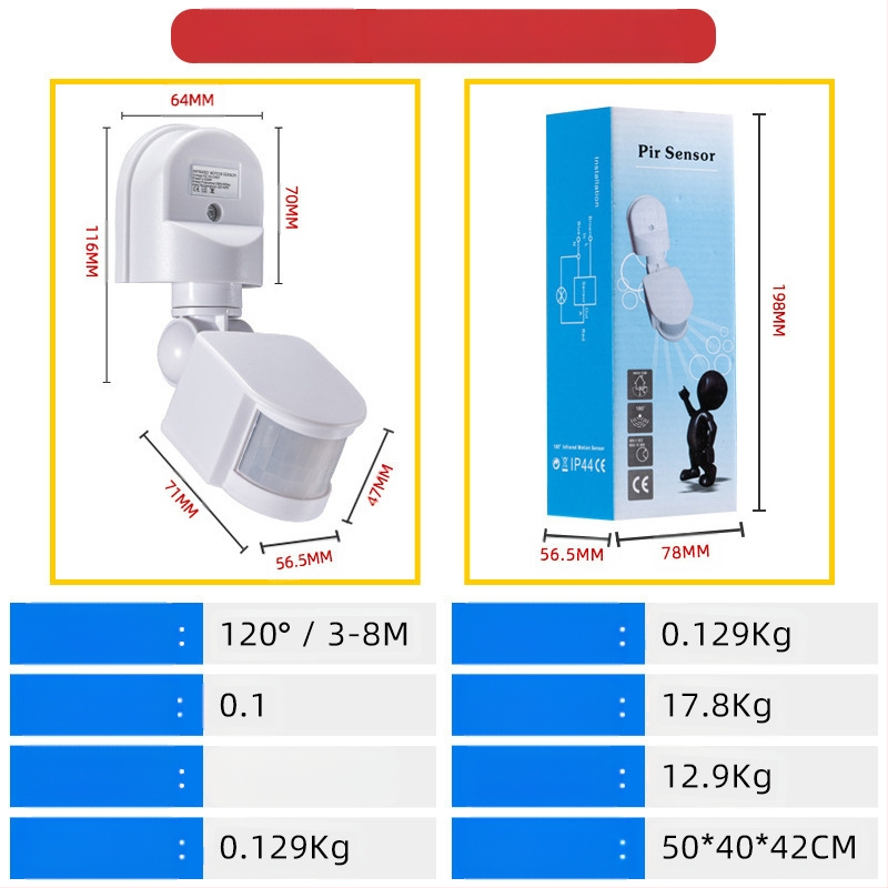 Infraraudonųjų spindulių žmogaus kūno jutiklio jungiklis, iki 300V, atidėjimo laikas 10–300 s, vidiniam naudojimui