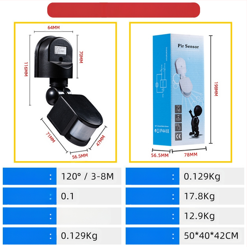 Infraraudonųjų spindulių žmogaus kūno jutiklio jungiklis, iki 300V, atidėjimo laikas 10–300 s, vidiniam naudojimui