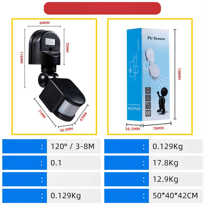 Infraraudonųjų spindulių žmogaus kūno jutiklio jungiklis, iki 300V, atidėjimo laikas 10–300 s, vidiniam naudojimui
