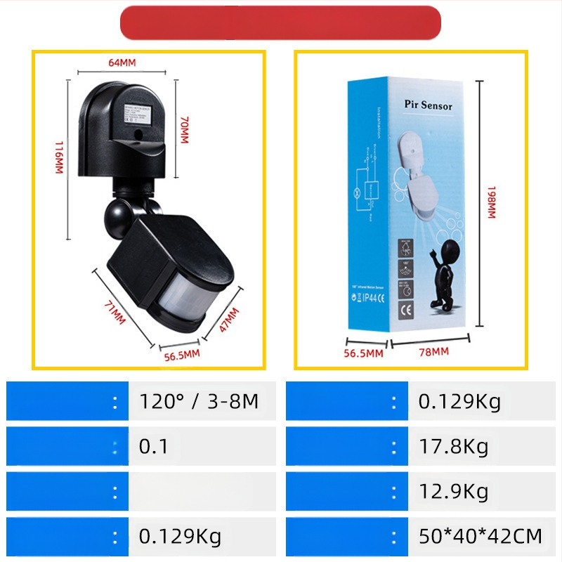 Infraraudonųjų spindulių žmogaus kūno jutiklio jungiklis, iki 300V, atidėjimo laikas 10–300 s, vidiniam naudojimui