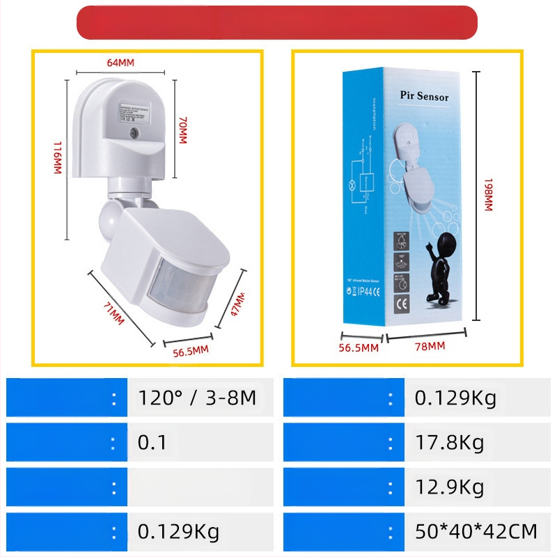 Infraraudonųjų spindulių žmogaus kūno jutiklio jungiklis, iki 300V, atidėjimo laikas 10–300 s, vidiniam naudojimui