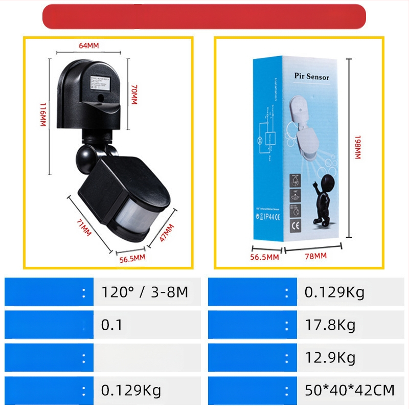 Infraraudonųjų spindulių žmogaus kūno jutiklio jungiklis, iki 300V, atidėjimo laikas 10–300 s, vidiniam naudojimui
