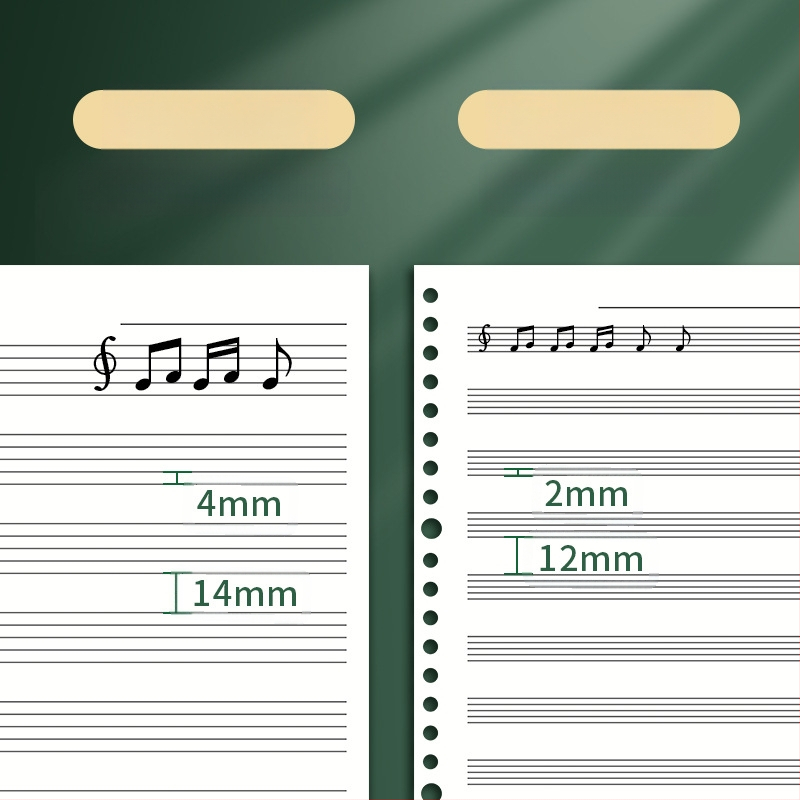 Sijin penkių linijų muzikos partitūrų knygelė su atsegamais lapais, modelis A5/B5, Lin Dao popierius, 60 lapų, 26 skylės