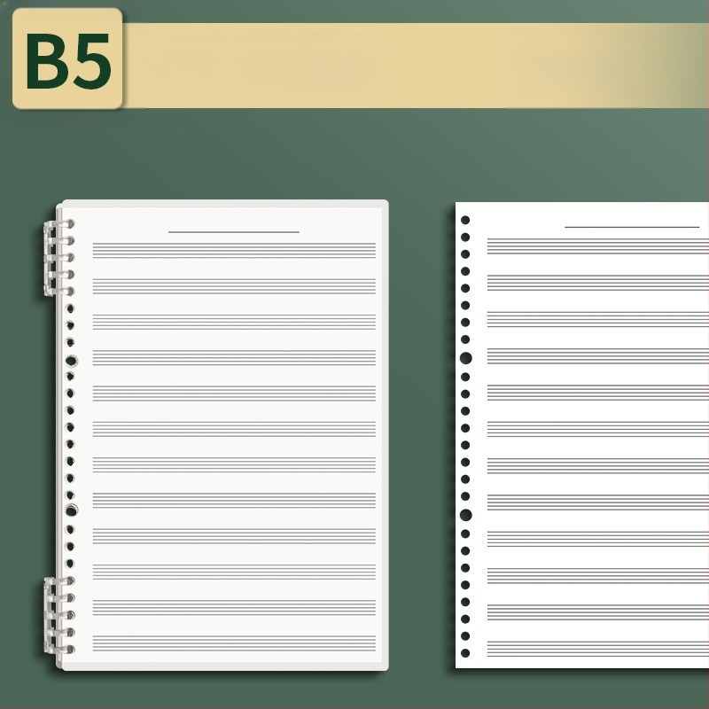 Sijin penkių linijų muzikos partitūrų knygelė su atsegamais lapais, modelis A5/B5, Lin Dao popierius, 60 lapų, 26 skylės