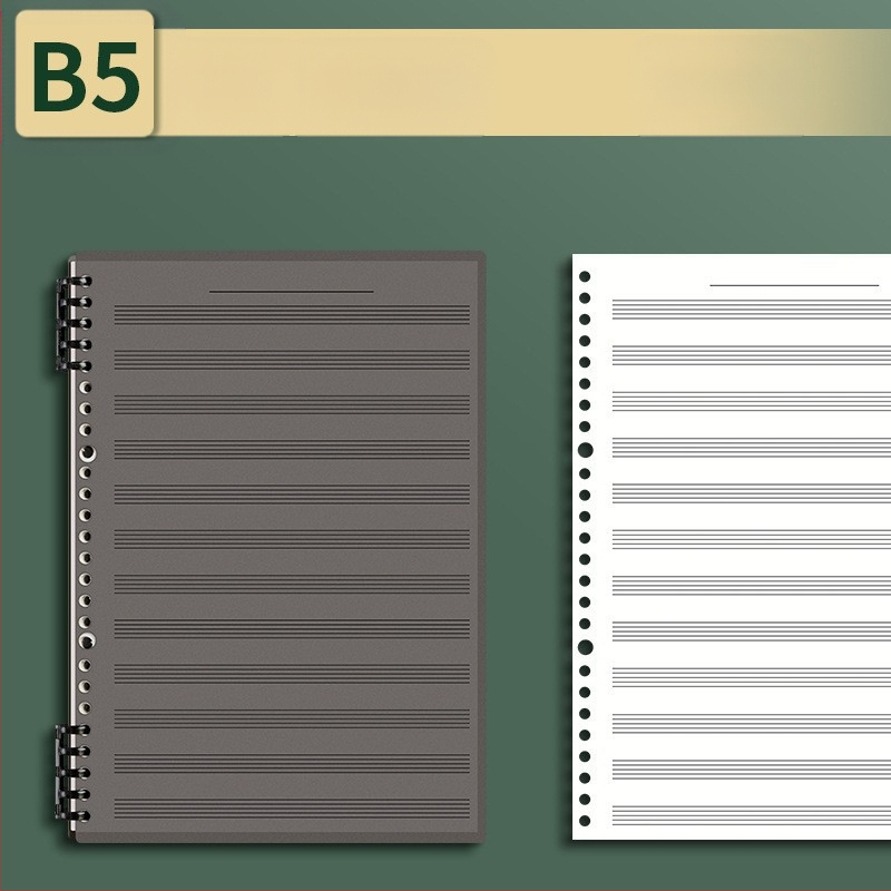 Sijin penkių linijų muzikos partitūrų knygelė su atsegamais lapais, modelis A5/B5, Lin Dao popierius, 60 lapų, 26 skylės