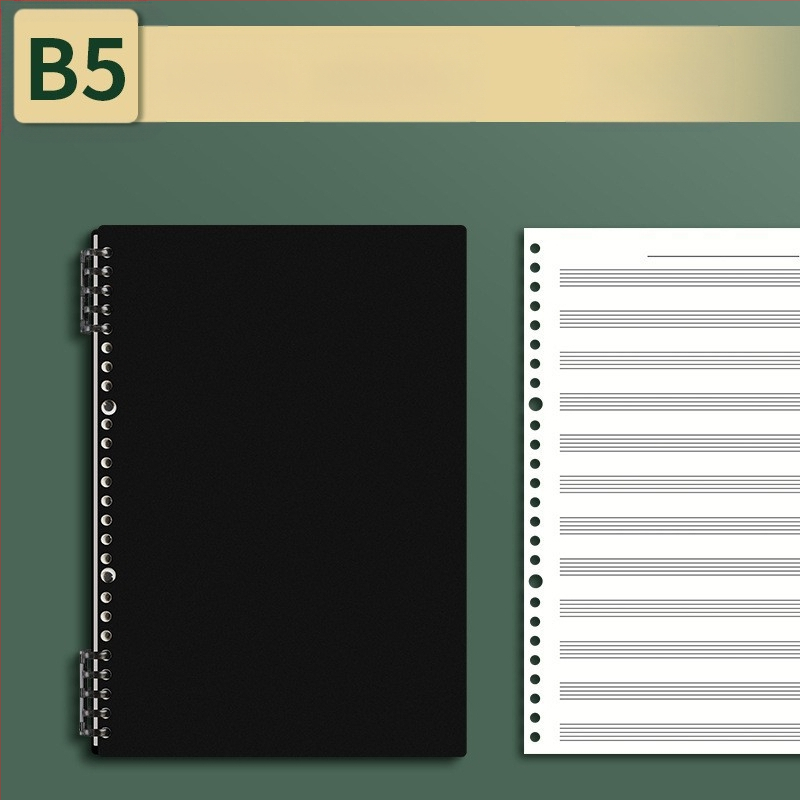 Sijin penkių linijų muzikos partitūrų knygelė su atsegamais lapais, modelis A5/B5, Lin Dao popierius, 60 lapų, 26 skylės