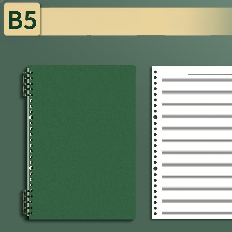 Sijin penkių linijų muzikos partitūrų knygelė su atsegamais lapais, modelis A5/B5, Lin Dao popierius, 60 lapų, 26 skylės