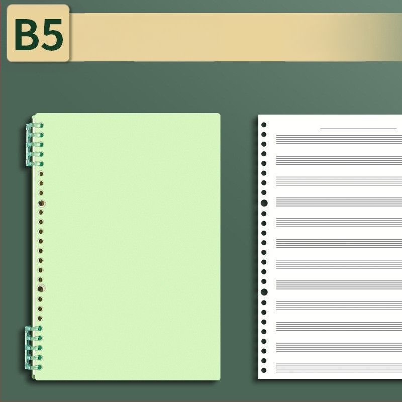 Sijin penkių linijų muzikos partitūrų knygelė su atsegamais lapais, modelis A5/B5, Lin Dao popierius, 60 lapų, 26 skylės