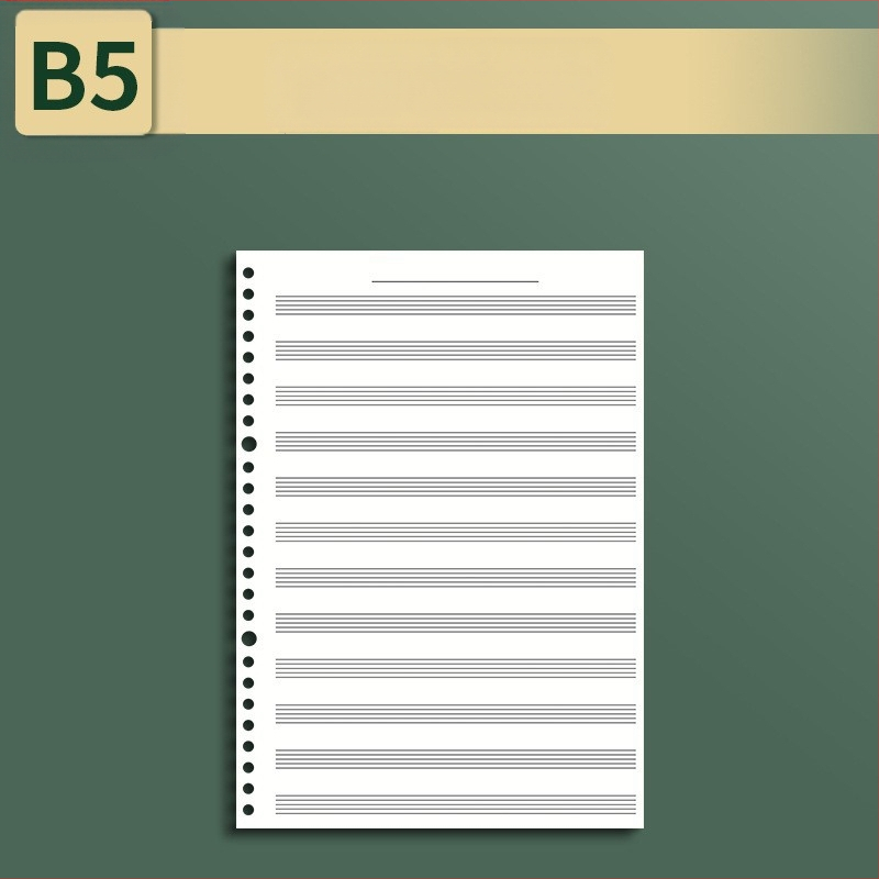 Sijin penkių linijų muzikos partitūrų knygelė su atsegamais lapais, modelis A5/B5, Lin Dao popierius, 60 lapų, 26 skylės