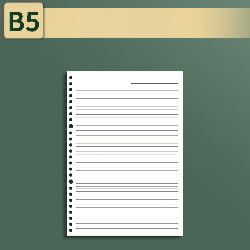 Sijin penkių linijų muzikos partitūrų knygelė su atsegamais lapais, modelis A5/B5, Lin Dao popierius, 60 lapų, 26 skylės