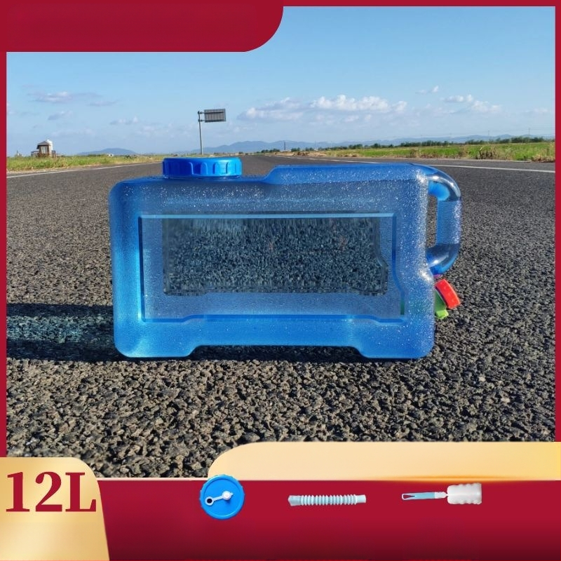 Kvadratinis vandens kibiras lauko kelionėms automobiliu, plastikinis, su čiaupu, plataus burnos atidarymu, vandens saugojimo talpa