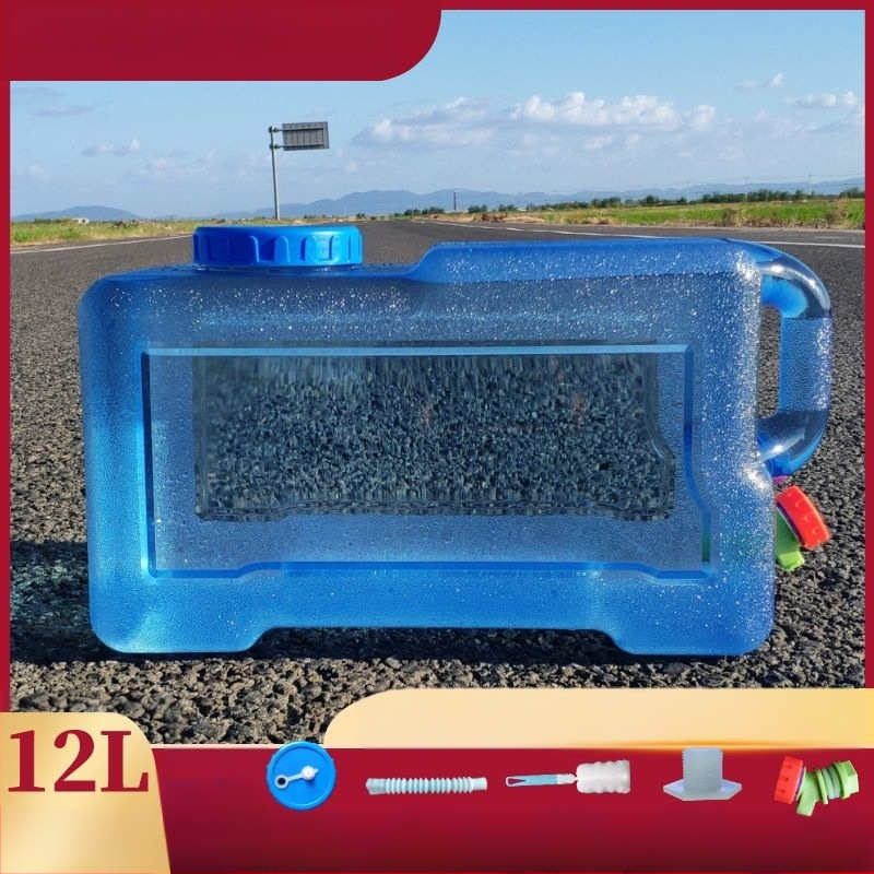 Kvadratinis vandens kibiras lauko kelionėms automobiliu, plastikinis, su čiaupu, plataus burnos atidarymu, vandens saugojimo talpa