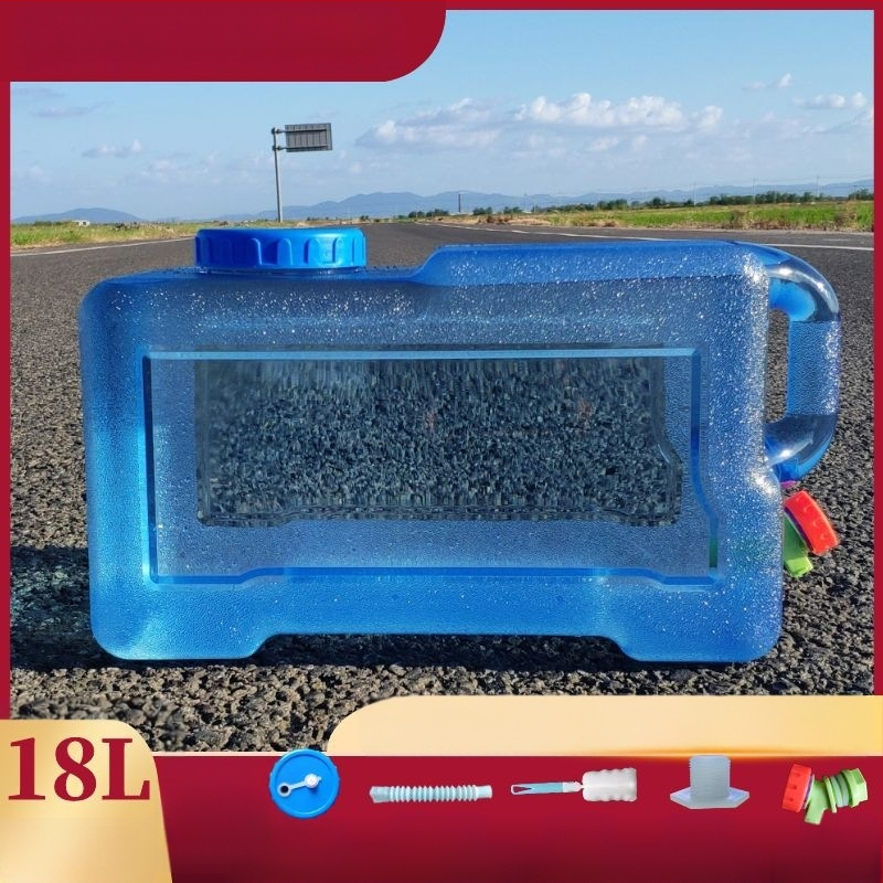 Kvadratinis vandens kibiras lauko kelionėms automobiliu, plastikinis, su čiaupu, plataus burnos atidarymu, vandens saugojimo talpa