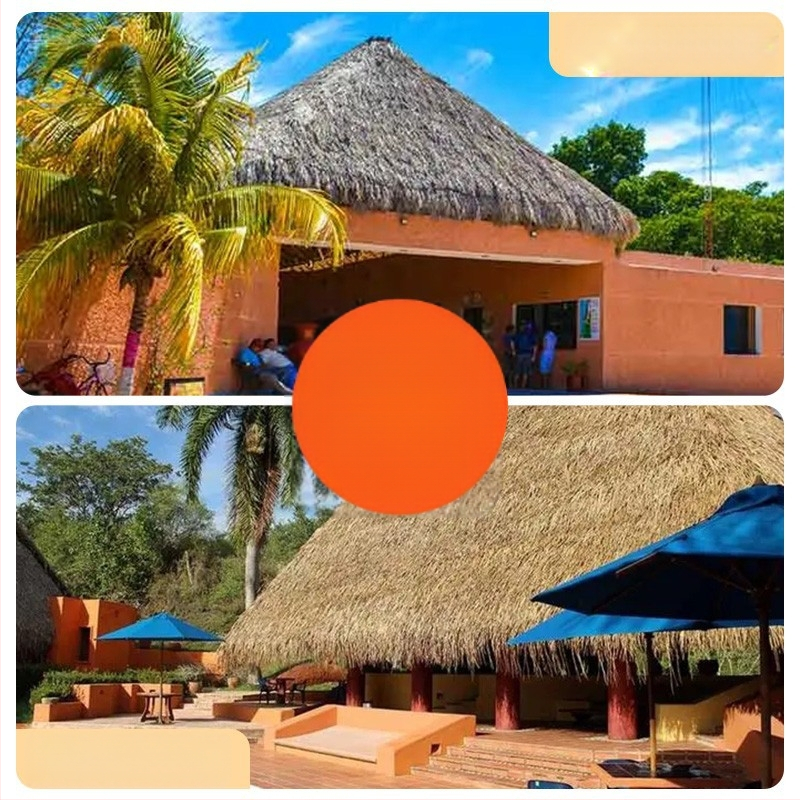 Mingrun Thatch serijos plastikinis paviljonas su šiaudiniu stogu paplūdimių vakarėliams, pritaikomas, supakuotas į PP plastiko maišą