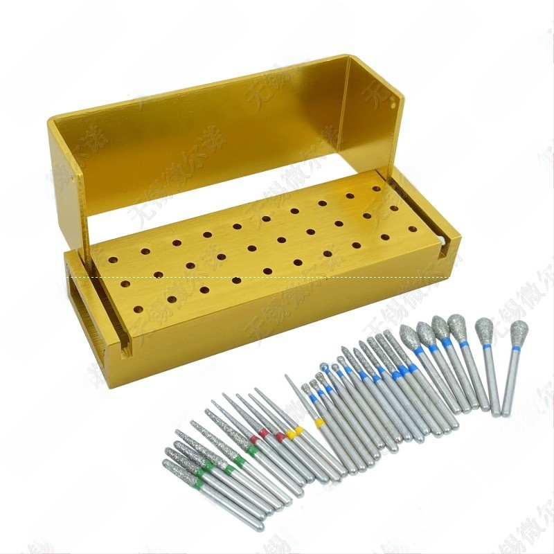 Dentālais komplekts ar 30 karborunduma frēzēm ar frēžu turētāju, augstas ātruma fresa kastē, polirošanas un slīpēšanas galviņas — iepakojums 200 kastēs