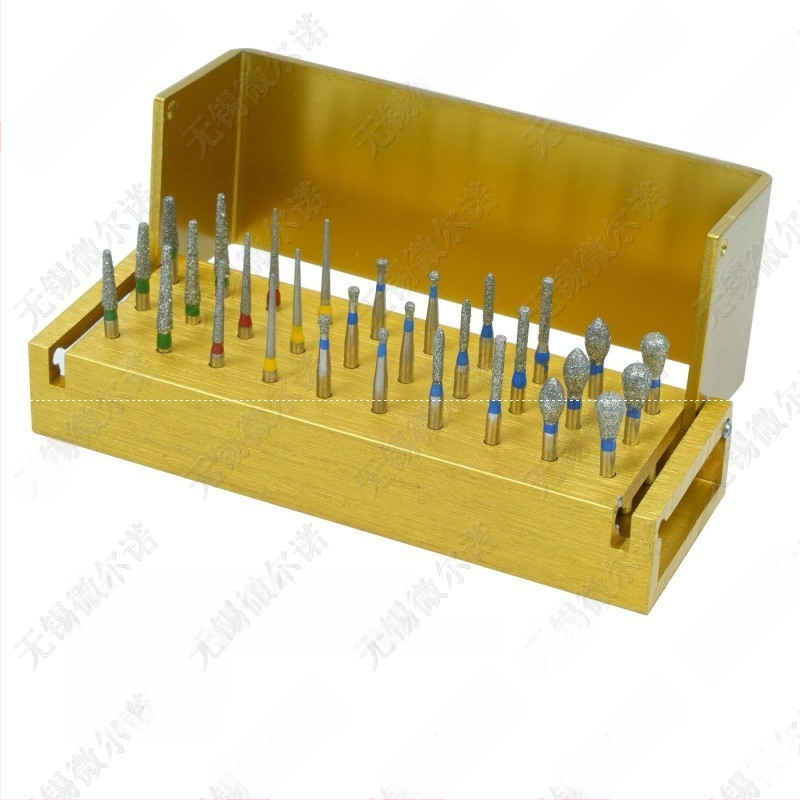 Dentālais komplekts ar 30 karborunduma frēzēm ar frēžu turētāju, augstas ātruma fresa kastē, polirošanas un slīpēšanas galviņas — iepakojums 200 kastēs