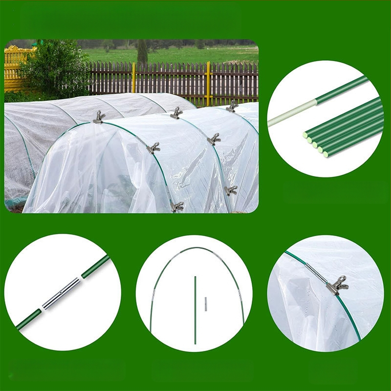 Rinkinys pluošto stiklo ir nerūdijančio plieno strypų sodo šiltnamio arkinei laikiklei (plastiku dengtos pluošto strypai)