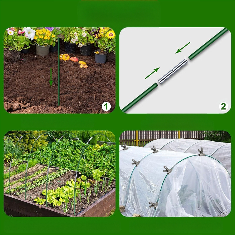 Rinkinys pluošto stiklo ir nerūdijančio plieno strypų sodo šiltnamio arkinei laikiklei (plastiku dengtos pluošto strypai)