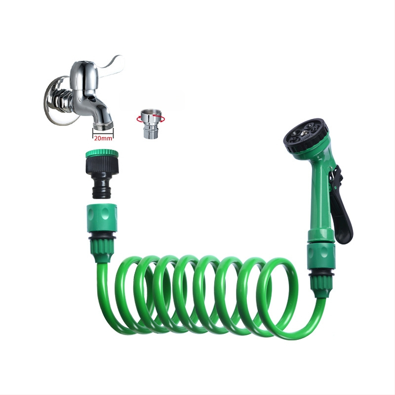 Meiyu mājas augstas spiediena ūdens pistoles komplekts ar spirālveida cauruli un teleskopisku ūdens cauruļ, plastmasas pistoles galva, 5 funkcijas