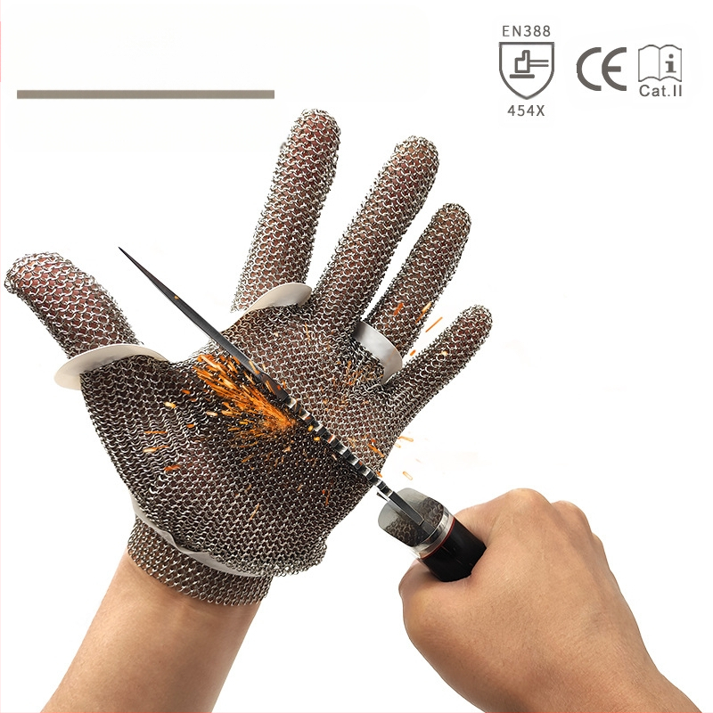 BX 5201 Vágásbiztos kesztyű 304L rozsdamentes acél gyűrűvel, 22 cm hosszú, húsfeldolgozásra