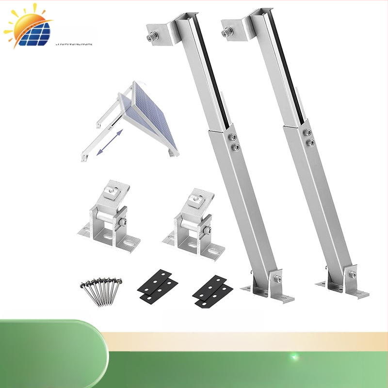 Saulės fotovoltinis laikiklis su reguliuojamomis priekyje ir gale kojomis, 15–30° kampu, aliuminio lydinys 6005-T5, svoris 1,82 kg, tinka metalinei stogo dangai ir cemento stogui