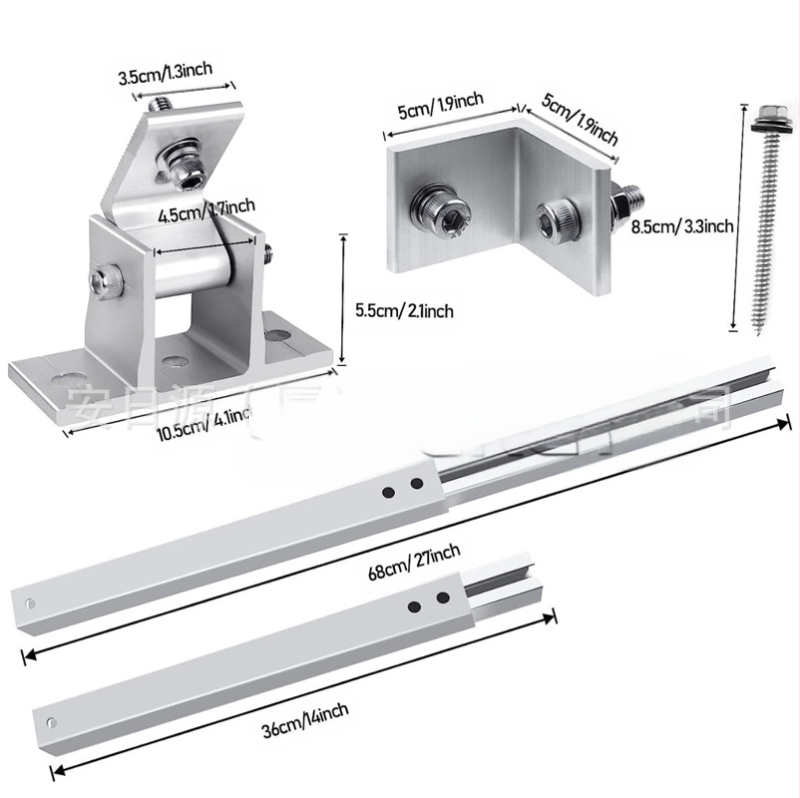 Reguliuojamas saulės modulių laikiklis metalo stogui su priekyje ir gale esančiomis kojomis; aliuminio lydinys; 15–30° kampas; anoduotas; svoris 4 kg