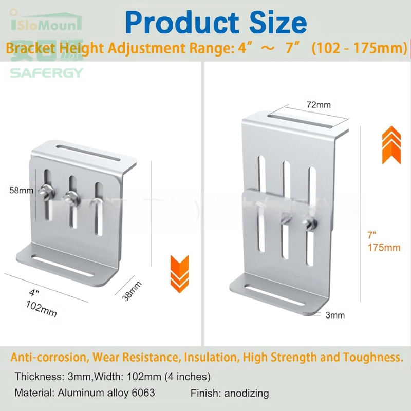 RV ir jachtos plokščiojo stogo saulės panelių laikiklis – aliuminio lydinio, reguliuojamas Z formos laikiklis, atitinka AS/NZS 1170.2, svoris 0,052 kg, paviršiaus apdaila: smulki anodizacija