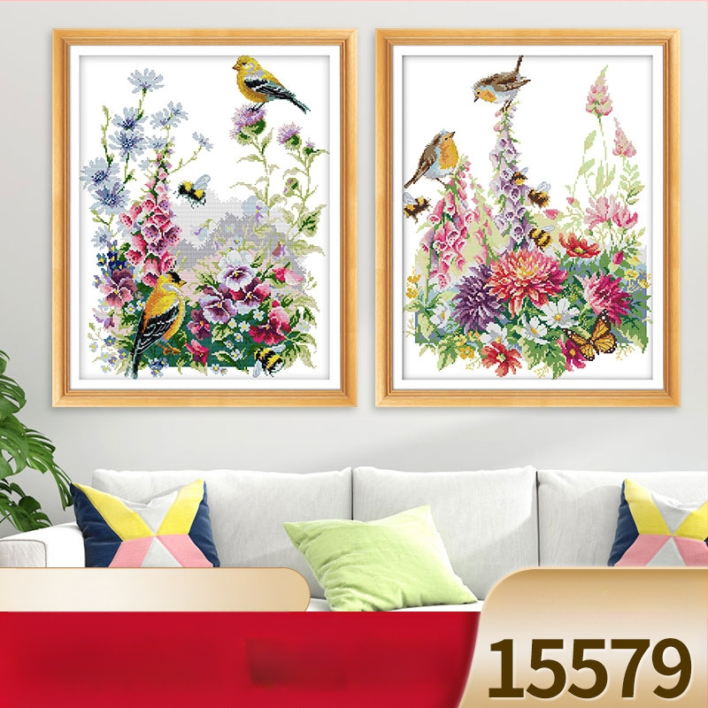 Keresztöltés készlet: madár és virág motívum, 11CT vászon, ökológiai pamut anyag, nappalihoz, hálószobához és gyerekszobához