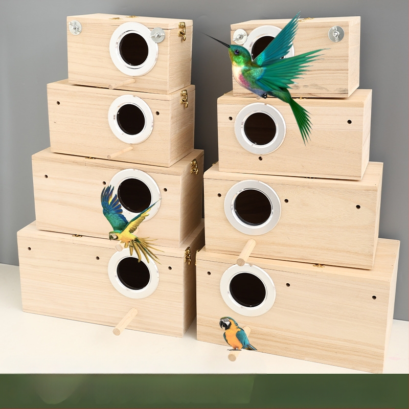 Medinis stačiakampis paukščių lizdas su platforma papūgoms – lauko veisimo dėžė