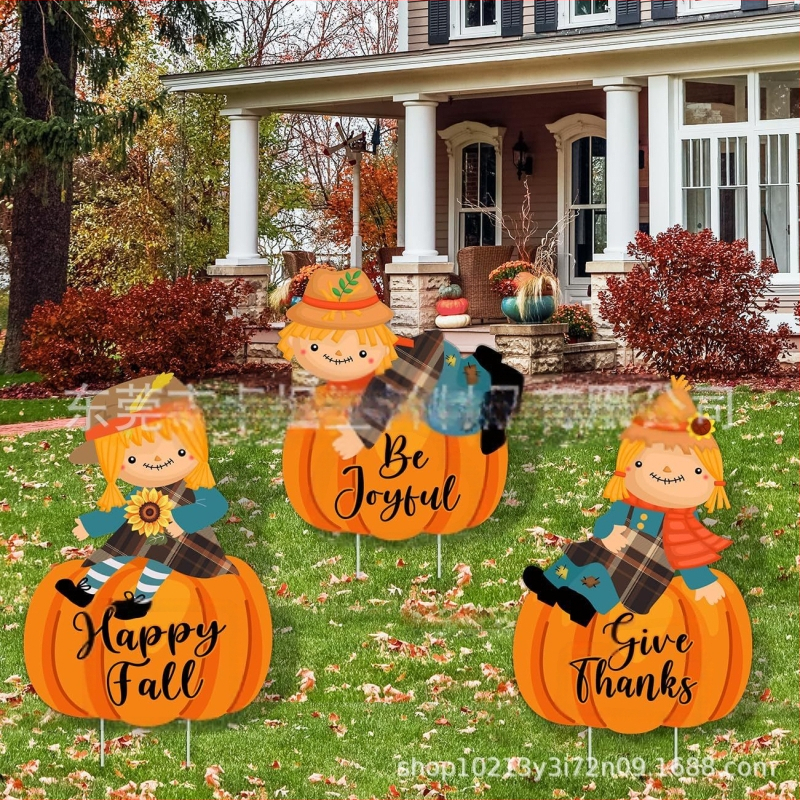 Thanksgiving tökös kertjelző karóval, UV nyomtatású PP üreges táblán, esőálló kerti dekoráció