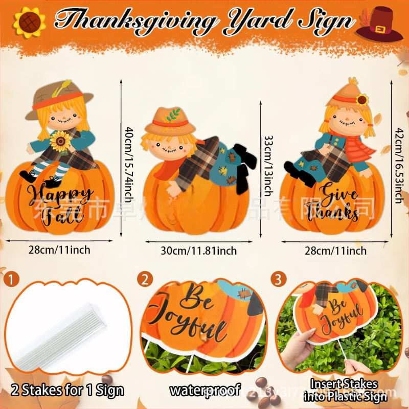 Thanksgiving tökös kertjelző karóval, UV nyomtatású PP üreges táblán, esőálló kerti dekoráció