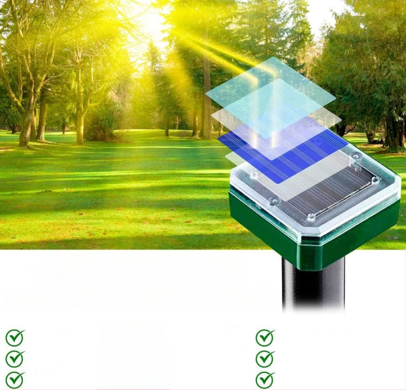 Napelemes ultrahangos többfajta kártevő elleni riasztó a kerthez – patkányok, kígyók, madarak, rovarok és macskák; Feszültség 1,2 V; Ultrahangos intervallum 20 s; Burkolat ABS+PP