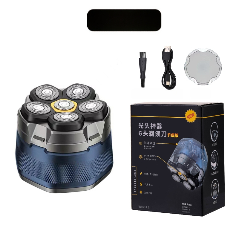 Elektrinis skutimosi prietaisas su šešių galvų rotacine galva, platus plovimas visam kūnui, LED ekranas, plūduriuojanti pjovimo galva, nuimamos ir plaunamos galvutės, įmontuota Li-ion baterija 800–1000 mAh, veikimo laikas daugiau nei 60 min.