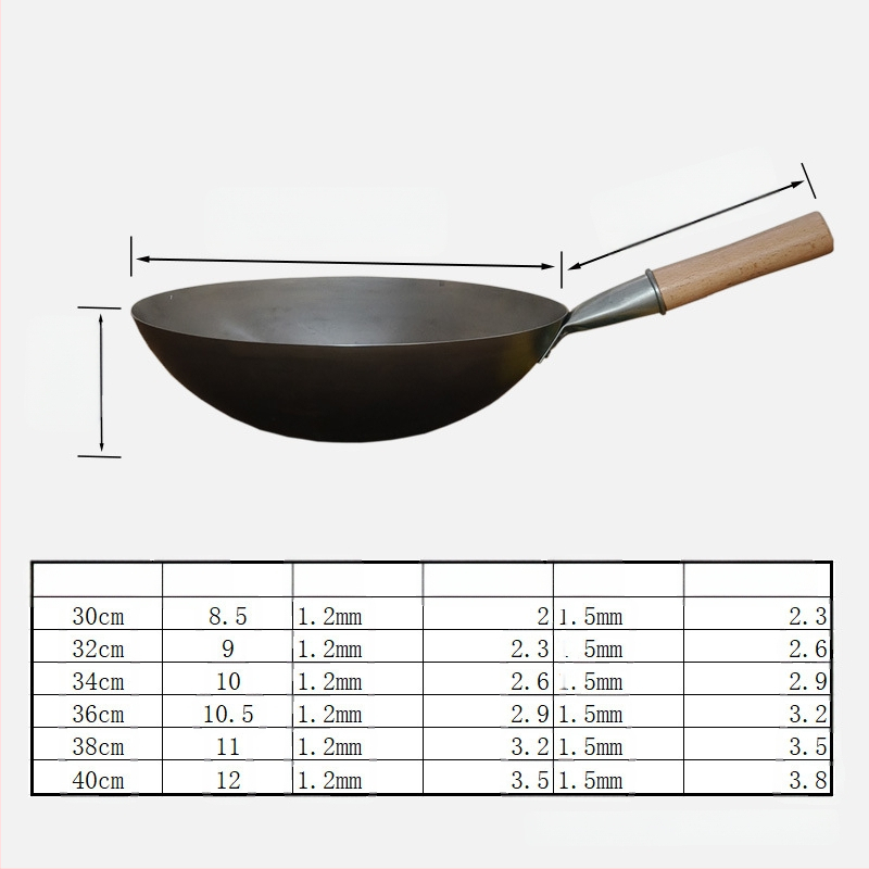 Wok - kalvio plieno, kinų stiliaus, nelimpa, su vienu dugnu, gylis 8–11 cm