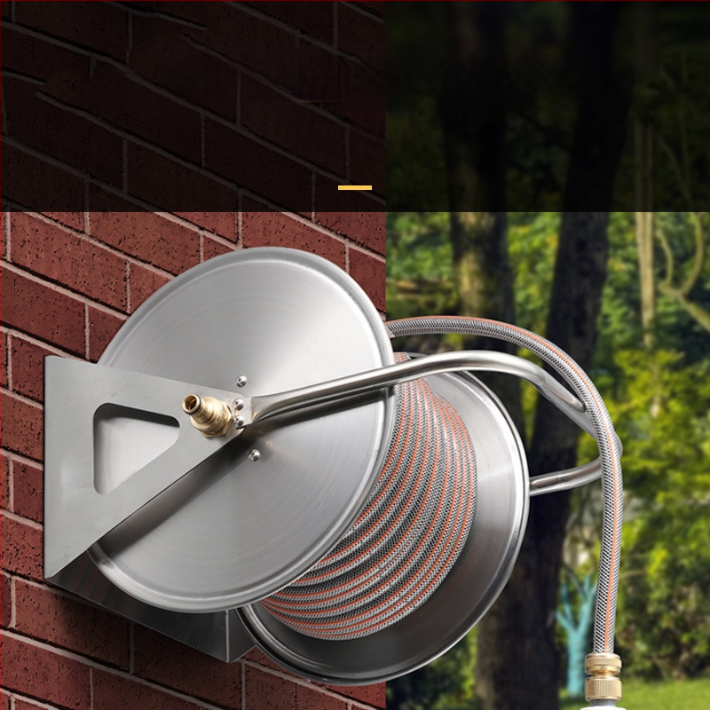 Hongfan Държач за маркуч от неръждаема стомана с автоматичен навивач, висящ монтаж за градина и дома