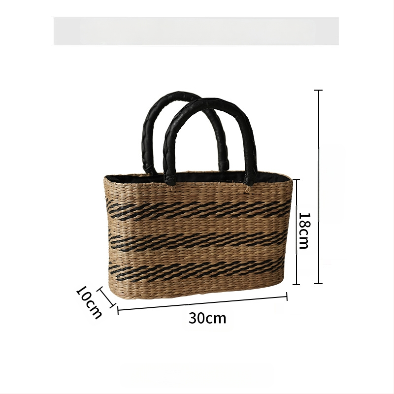 Северноевропейски вдъхновена ръчно плетена сламена чанта тип кофичка с капак – кръгла форма, памучна подплата, двойни дръжки (Материал: Слама; Стил: Чанта-кофа; Форма: Кръгла; Отваряне: Капак; Подплата: Памук)