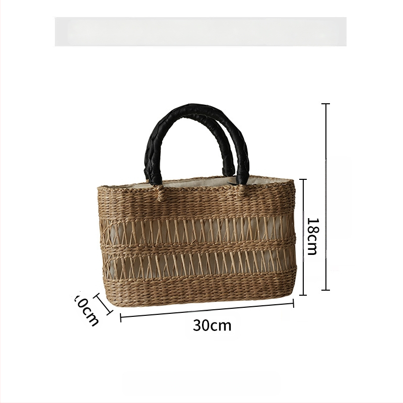 Северноевропейски вдъхновена ръчно плетена сламена чанта тип кофичка с капак – кръгла форма, памучна подплата, двойни дръжки (Материал: Слама; Стил: Чанта-кофа; Форма: Кръгла; Отваряне: Капак; Подплата: Памук)